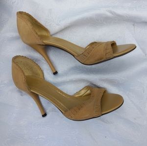 BCBG Paris Tan Suede Open Toe High Heels Size 7.5